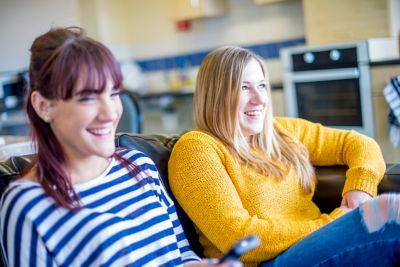 Undergraduate students chatting in accommodation, Sutton Bonington