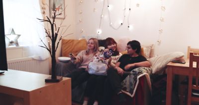 Students settling in for a night watching films.