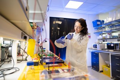 Ann McClaren Fellow in Neuroscience using Electrophoresis gels while working in the Molecular Laboratory within the Biodiscovery Institute