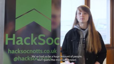 Committee members explaining the Computer Science societies, HackSoc and CompSoc