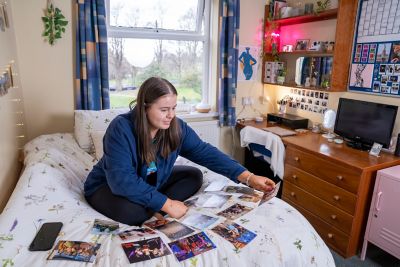 University of Nottingham undergraduate student Aditi Solanki in a Hugh Stewart Hall bedroom with a Jack and Jill shared bathroom.