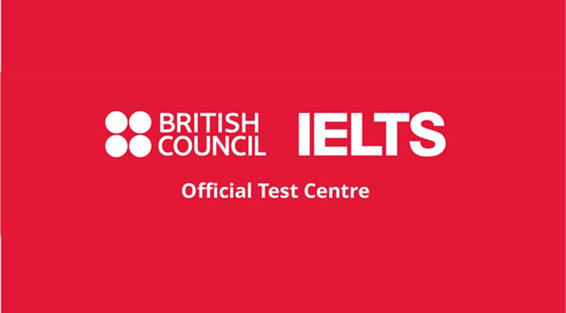 British Council and IELTS Official test centre, white type on red background