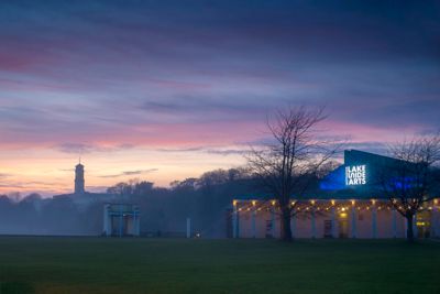 Lakeside Arts Pavilion and Trent building during sunset