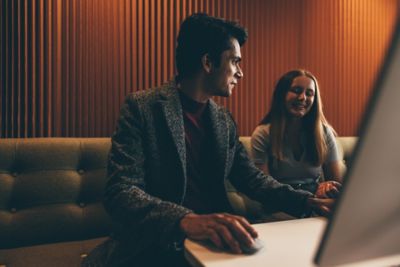 University undergraduate students studying in the Monica Partridge Building Digital Hub. Friday November 5th 2021.Khaqan Khan (red jumper) and Megan Mahoney (blue top).