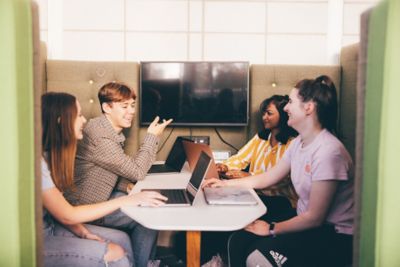 University undergraduates studying in the Monica Partridge building. Friday November 5th 2021.Cole Pearce; Sara Bintey Kabir (yellow top); Zoe Markham-Lee (ponytail) and Khaqan Khan (red jumper).