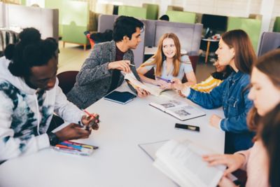 University undergraduates studying in the Monica Partridge building. Friday November 5th 2021.Megan Mahoney (blue top); Jane Israel (denim jacket); Sara Bintey Kabir (yellow top); Francis Adam (black and white hoodie); Lucy Woodward and Khaqan Khan (red jumper).