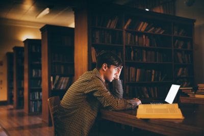 University undergraduate student Cole Pearce studying in Nightingale Hall accommodation's library, University Park. November 5th 2021.