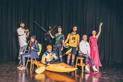 Group image of Look Book models for society shoot. November 26th 2021. Harriet Knowles (British) - hat; Maddy Griggs Laing; Sam Cartright (British) - archer; Menaf Al Nasir (German) - yellow shirt; Aidan Silcock (British) - in kayak; Kate Wills (British) - ice skater and unknown.