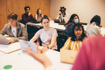 University undergraduates attending an Art History seminar with academic in the Monica Partridge building. Friday November 5th 2021.