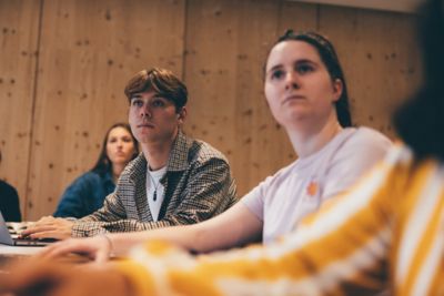 University undergraduates attending an Art History seminar with academic Professor Gaby Neher in the Monica Partridge building