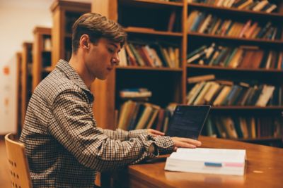 University undergraduate student Cole Pearce studying in Nightingale Hall accommodation's library, University Park. November 5th 2021.