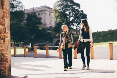 Undergraduate students exiting Nottingham Castle Nottingham City Centre - November 2021.Ela Moss (short blonde hair) and Elizabeth Harding.