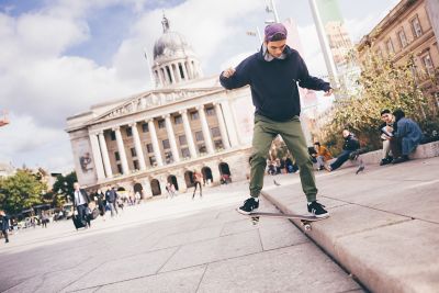 Undergraduate students skate boarding in front of the Nottingham Council House in Nottingham City Centre - November 2021.Luca Ion