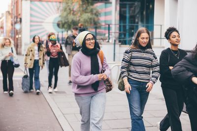 Undergraduate students in Nottingham City Centre - November 2021Jane Israel (striped top); Mariam Abedraba Abdalla (pink hat);Jade Gattegno (black sweatshirt).