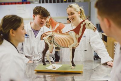 Student wearing white lab coat looking through microscope with another student looking at ipad in background