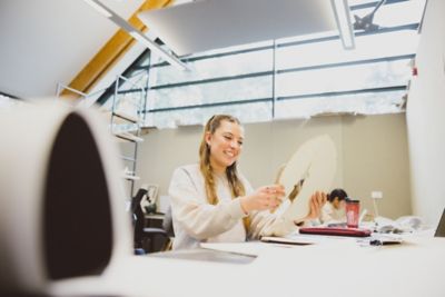 Undergraduate student Judith Nieto Abad working with a model in The Studio at the Environmental Education Centre