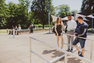 Undergraduate students outside Humanities Building, University Park