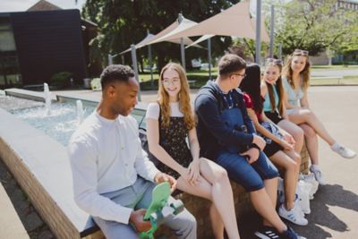 Undergraduate students outside Humanities Building, University Park