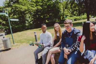 Undergraduate students outside Humanities Building, University Park