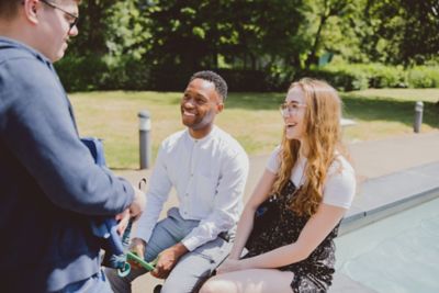 Undergraduate students outside Humanities Building, University Park