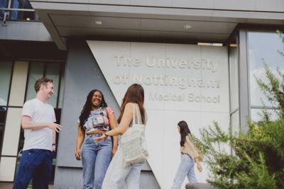 Undergraduate students outside the Medical School, QMC, University Park