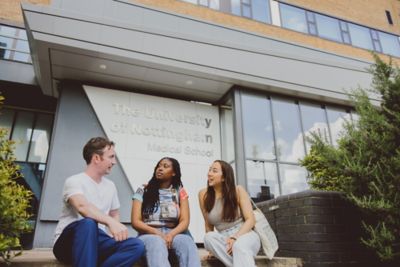 Undergraduate students outside the Medical School, QMC, University Park