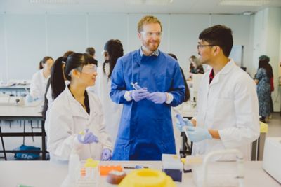 Undergraduate students and an academic in Clinical Skills lab C1A, University Park