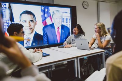 Undergraduate students in a Politics group study session, Monica Partridge building