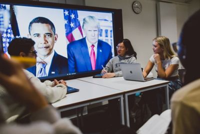Undergraduate students in a Politics group study session, Monica Partridge building