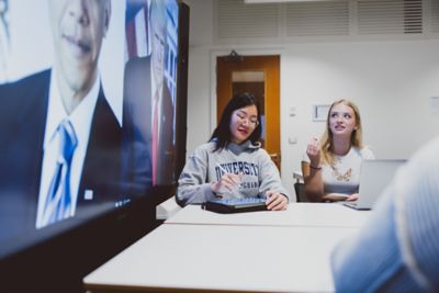 Undergraduate students in a Politics group study session, Monica Partridge building