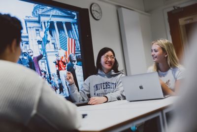 Undergraduate students in a Politics group study session, Monica Partridge building