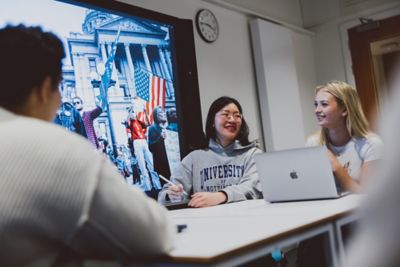 Undergraduate students in a Politics group study session, Monica Partridge building