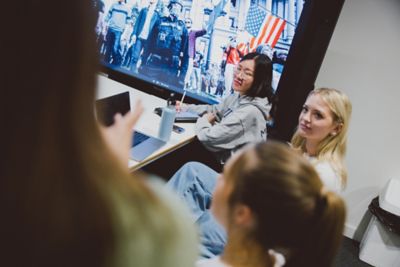 Undergraduate students in a Politics group study session, Monica Partridge building