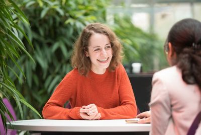 Postgraduate student Margarita Stewart relaxing in the Atrium on Jubilee Campus.