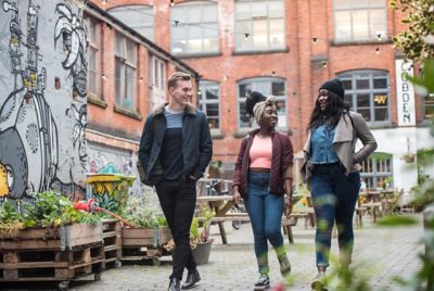 (from left to right) Sam Farley, British, Mechanical Engineering UG ; Chelsea Sapphire Ohema Biraho Oware, Ghanaian, Politics and International Relations UG ; Mariam Faith Abiola, British, Politics and International Relations UG