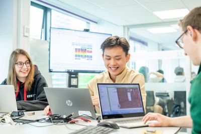 Undergraduate students Amy Gilmore, Gioh Meng Jang, Kieran Jennings, working on a group project in the EEE Project Space, Hackspace, Pope Building BO1