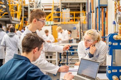 UG L3 lab session two UG students and one staff member working in the labs