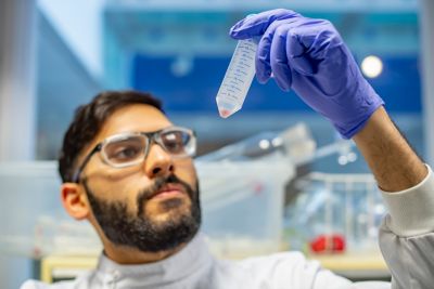Postgraduate student inspecting material at the bottom of a 50 mL falcon tube