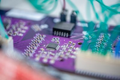 Closeup of a circuit board in the EEE Technical Workshop B17