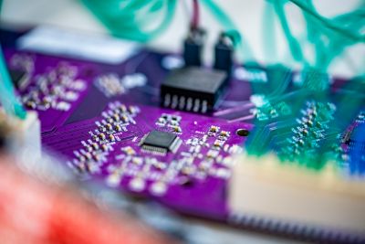 Close-up of a circuit board in the EEE Technical Workshop B17