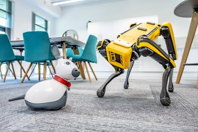 White dog-like MiRo-E and four legged yellow robot, Spot on the floor with two students/staff sat in the background
