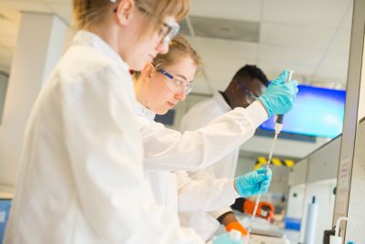 Undergraduate pharmacy students in a laboratory